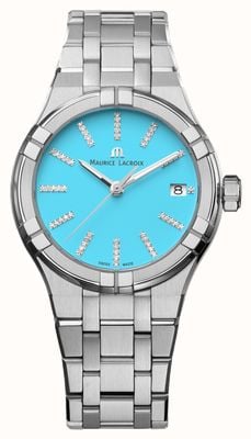 Maurice Lacroix Data de quartzo Aikon (35 mm) mostrador de diamante azul claro / pulseira de aço inoxidável AI1106-SS002-450-1