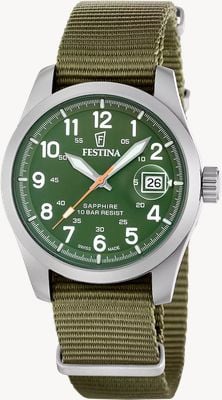 Festina Schweizer Quarzwerk (39 mm), grünes Zifferblatt / grünes Nylon-NATO-Armband F20082/2