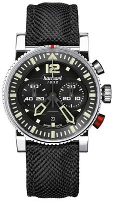 Hanhart Primus Pilot Automatik-Chronograph (44 mm) schwarzes Zifferblatt / schwarzes Textilarmband - m 740.210-3020