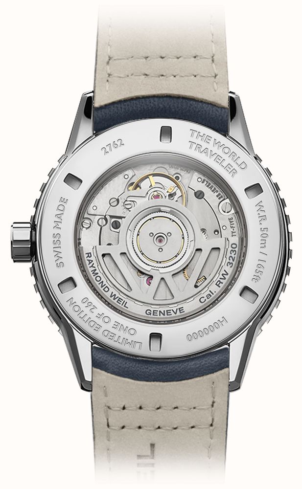 Raymond Weil Freelancer World-Traveller GMT Limited Edition (40mm) Blue 'World Map' Dial / Blue Leather Strap 2762-STC-02026 - vista alternativa 4