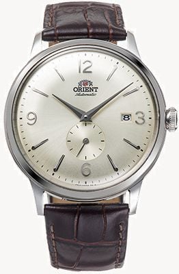 Orient Bambino Small Seconds Mechanical (40.5mm) Curved Antique Silver Case Bombe Dial Brown Leather Strap RA-AP0003S30B