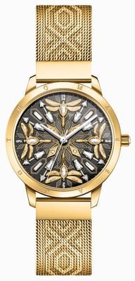 Thomas Sabo Reloj para mujer Spirit Magic Garden (33 mm), esfera de cristal de libélula en oro negro / pulsera de malla de acero en tono dorado WA0422-264-207-33 MM