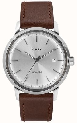 Timex Bracelete de couro marrom automática com mostrador prateado TW2T22700