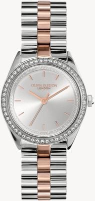 Olivia Burton Sportliches, luxuriöses, mit Juwelen besetztes silbernes Zifferblatt (34 mm) / zweifarbiges Edelstahlarmband 24000138
