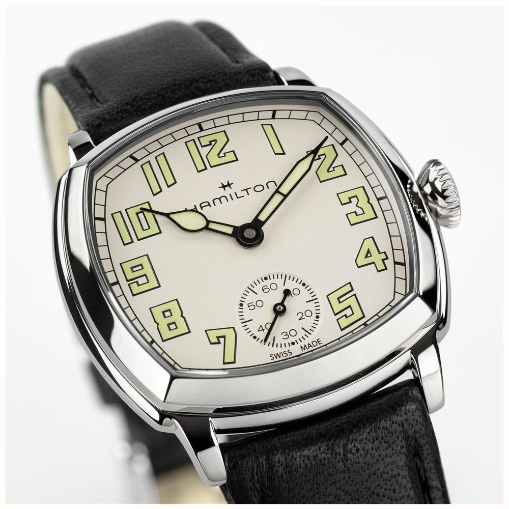 Hamilton American Classic Cushion Mechanical (30mm) Sandblasted Beige Dial / Black Leather Strap Watch H36109710 - alternate view 5