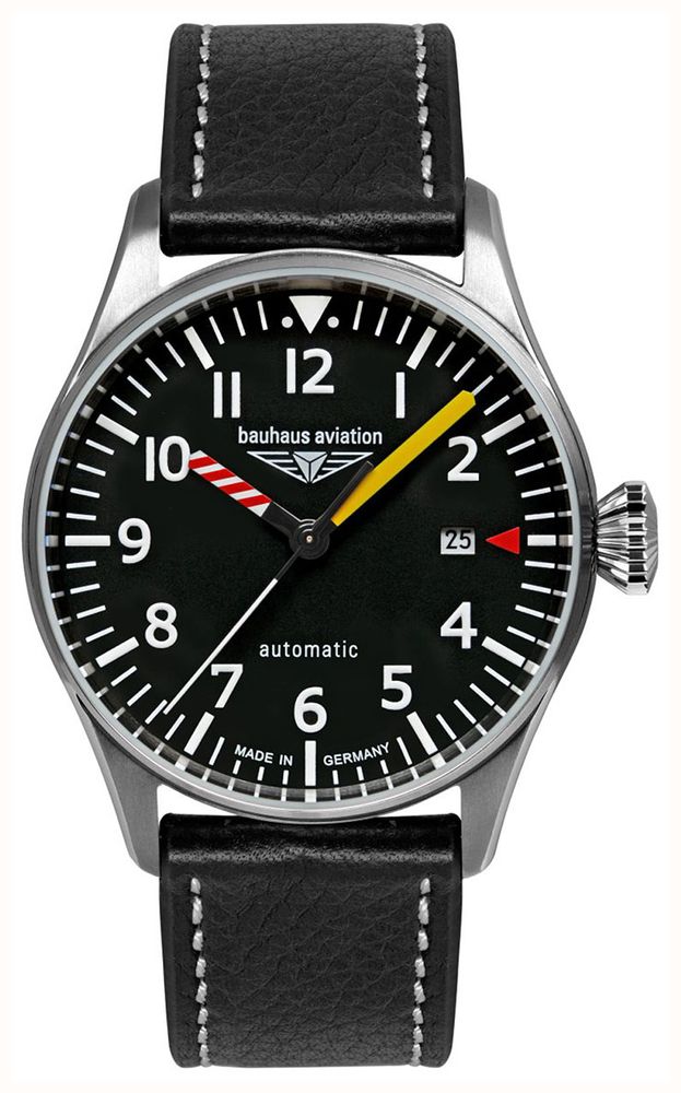 Bauhaus Men's Aviation Automatic (40mm) Black Dial Black Leather