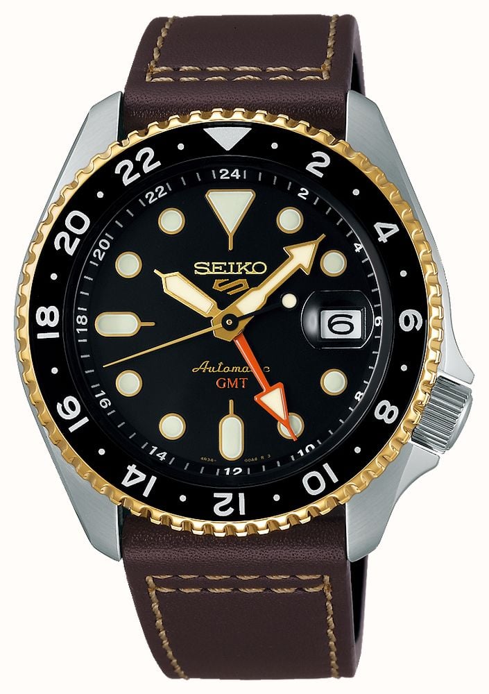 SEIKO 時計 Seiko 5 Esportes Skx Gmt Mocha Mostrador Preto / Pulseira De Couro