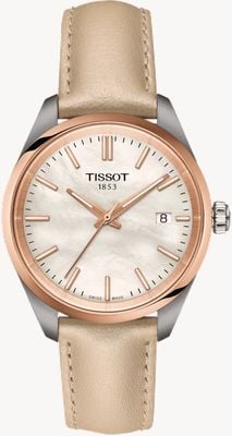 Tissot Damenuhr PR 100 (34 mm) mit Perlmuttzifferblatt und cremefarbenem Lederarmband T1502102611100