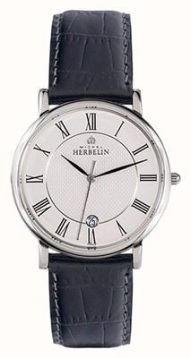Herbelin Reloj clásico para hombre con correa de cuero negro y esfera blanca. 12248AP08