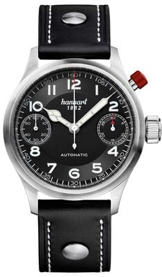 Hanhart Chronographe automatique Pioneer Monoscope (45 mm), cadran noir / bracelet en cuir noir - m 732.210-0010