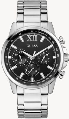 Guess Walker multifunzione (44 mm) quadrante nero con motivo a raggi di sole / bracciale in acciaio inossidabile GW0900G1