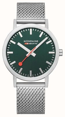 Mondaine Klasyczna stalowa bransoleta typu mesh o średnicy 40 mm w kolorze leśnej zieleni A660.30360.60SBJ