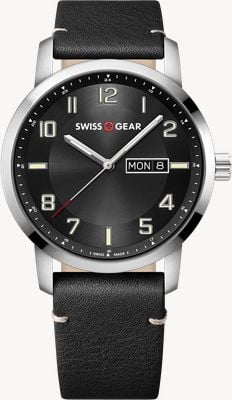 Wenger Zegarek kwarcowy Swissgear z funkcją dnia/daty (42 mm) z czarną tarczą / czarnym skórzanym paskiem 01.9041.430