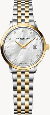 Raymond Weil Toccata Classic Diamond Quartz (29 mm) met parelmoeren wijzerplaat en tweekleurige roestvrijstalen armband. 5985-STP-97081