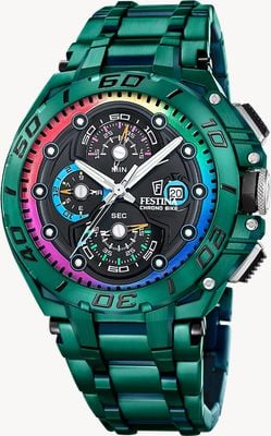 Festina Chrono Bike 2026 Special Edition (46mm) Black Dial / Stainless Steel Bracelet & Green Rubber Strap Watch F20760/1