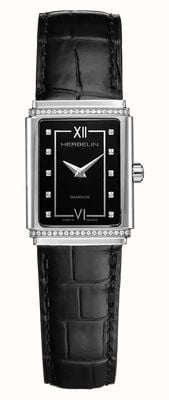 Herbelin Mostrador preto com diamantes (22 mm) Art déco de 1925 / pulseira de couro preta 17577AP40Y84
