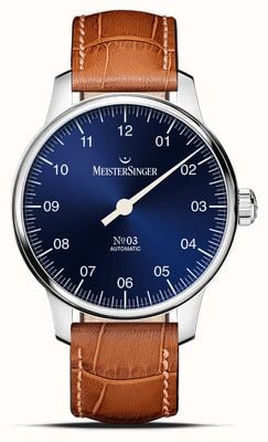 MeisterSinger N°03 (38mm) mostrador azul / pulseira de couro marrom conhaque BM9908