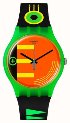 Swatch Разноцветный неоновый циферблат Neon Rider (41 мм) / черный силиконовый ремешок с неоновым принтом SO29G106