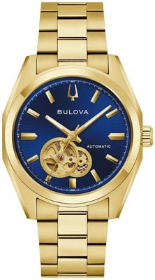 Bulova Surveyor Automatikuhr mit offenem Werk (39mm) blaues Sonnenschliff-Zifferblatt / vergoldetes PVD-Edelstahlarmband 97A203