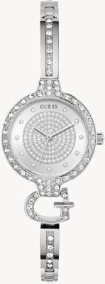 Guess Giselle Kristall (28 mm), silbernes Zifferblatt mit Sonnenschliff / Edelstahlarmband GW0929L1