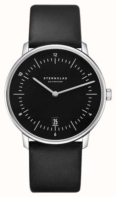 STERNGLAS Reloj de cuarzo Naos (38 mm), esfera negra piano y correa de piel negra de primera calidad. S01-NA53-PR07