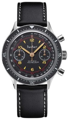 Hanhart 415 es iconic (39 mm) schwarzes Zifferblatt / schwarzes Lederarmband - m H703.210-8010