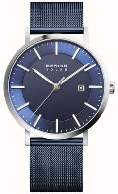 Bering Solarny męski zegarek z datownikiem z niebieską tarczą 15439-307