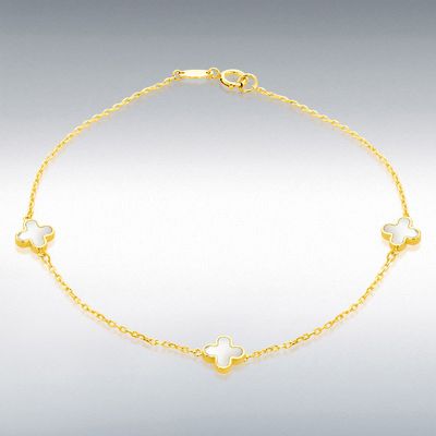 18ct Yellow Gold 3 X 6.5mm Mother Of Pearl Clover Petals Bracelet 19cm/7.5" 7.29.1602