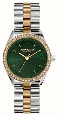 Olivia Burton Sportowa, luksusowa, wysadzana klejnotami (34 mm) zielona tarcza / dwukolorowa bransoleta ze stali nierdzewnej 24000137