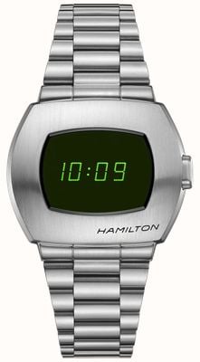 Hamilton Quartz numérique psr classique américain (40,8 mm) affichage noir et vert / bracelet en acier inoxydable H52414131