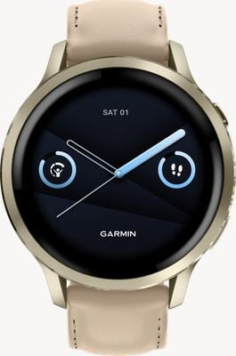 Garmin Venu 4 – AMOLED-Smartwatch für Gesundheit und Fitness (41 mm) in Mondgold mit Knochensilikon und Sandleder 010-03013-03