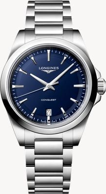 LONGINES Conquest石英表（38毫米）深蓝色喷砂表盘/不锈钢表带腕表 L37504926