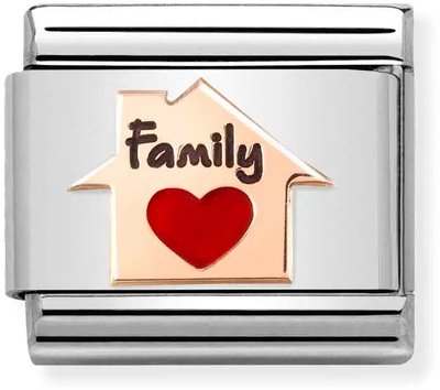 Nomination Classic House Family Heart 9ct Rose Gold & Steel Enamel Charm 430202/11