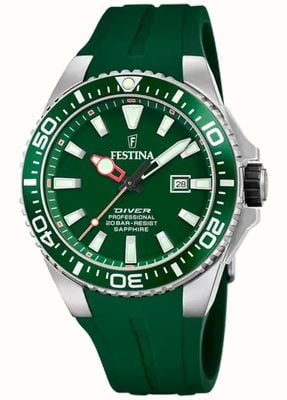 Festina Мужские дайверские часы (45,7 мм) зеленый циферблат/зеленый каучуковый ремешок F20664/2
