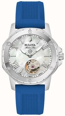Bulova Mostrador automático estrela marinha (35 mm) em madrepérola / pulseira de borracha azul 96L324