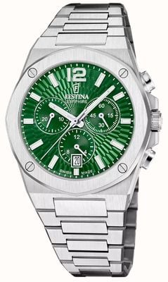 Festina スイス製ヴァレー・クォーツ・クロノグラフ（42mm）グリーンダイヤル／ステンレススチールブレスレット F22002/3