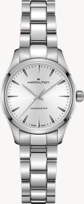 Hamilton Jazzmaster Quarz (32 mm), silbernes Zifferblatt mit Sonnenschliff / Edelstahlarmband H32301181