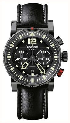 Hanhart Chronographe automatique Primus Pilot (44 mm), cadran noir / bracelet en cuir noir - m 740.510-0020