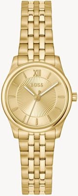 BOSS Elegante relógio de quartzo Mina de três ponteiros (25 mm) com mostrador dourado e pulseira em aço inoxidável com revestimento PVD dourado. 1502843