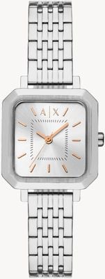 Armani Exchange Mostrador quadrado prateado (27 mm) feminino / pulseira de aço inoxidável AX5724