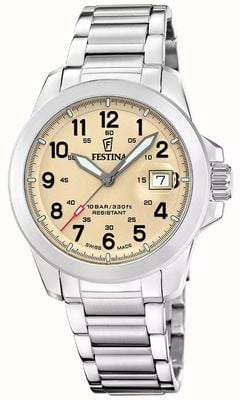 Festina Swiss Made Field Quartz (42mm) Beige Dial / Interchangeable Strap Set (Steel/Leather/NATO) F20081/1