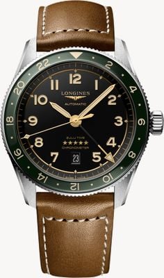 LONGINES Spirit Zulu Time GMT Automatik (42 mm) schwarzes Zifferblatt / braunes Lederarmband L38124632
