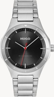 HUGO Montre à quartz trois aiguilles (42 mm), cadran noir, bracelet en acier inoxydable. 1530447