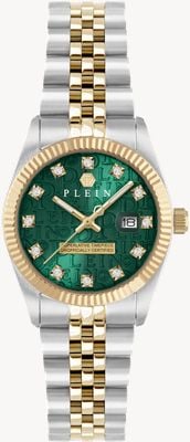 Philipp Plein Rock Couture Date Superlative (28 mm) grünes Zifferblatt / zweifarbiges Edelstahlarmband PWNFA0325