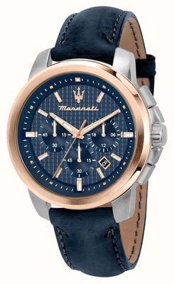 Maserati Męska sukceso (44 mm) niebieska tarcza chronografu i niebieski skórzany pasek R8871621015