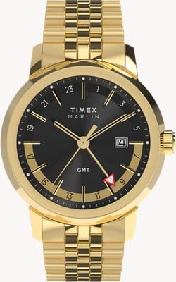 Timex Marlin quartz gmt (40mm) mostrador preto com efeito raios de sol / pulseira em aço inoxidável dourado TW2Y47700