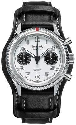 Hanhart 417 es 1954 Flyback Panda (39 mm) weißes Zifferblatt / schwarzes Lederarmband - m H701.201-7010