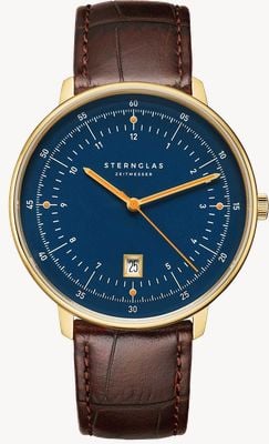STERNGLAS Cuarzo Hamburgo (42 mm), esfera azul / correa de piel marrón oscuro Heritage S01-HH07-HE01