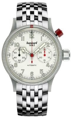 Hanhart Pioneer mk i automatyczny chronograf (40 mm) tarcza w kolorze antycznej bieli / bransoleta ze stali nierdzewnej 714.200-6428