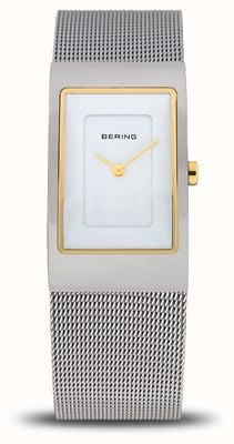 Bering Mostrador retangular branco clássico feminino (22 mm) / pulseira de malha de aço inoxidável 10222-010-S